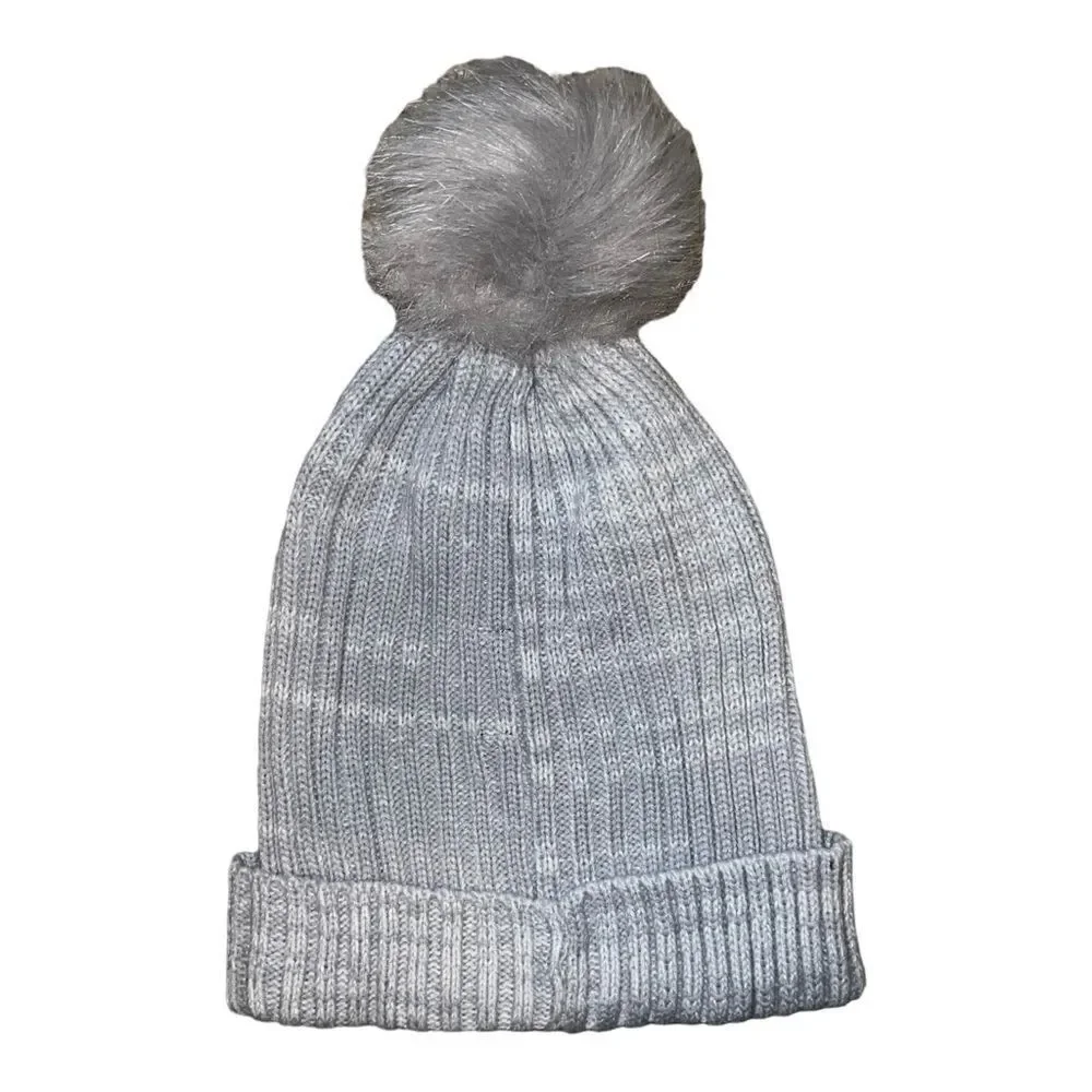 Hat Attack Gray Classic Ribbed Beanie Faux Fur Pom Women's One Size NWOT